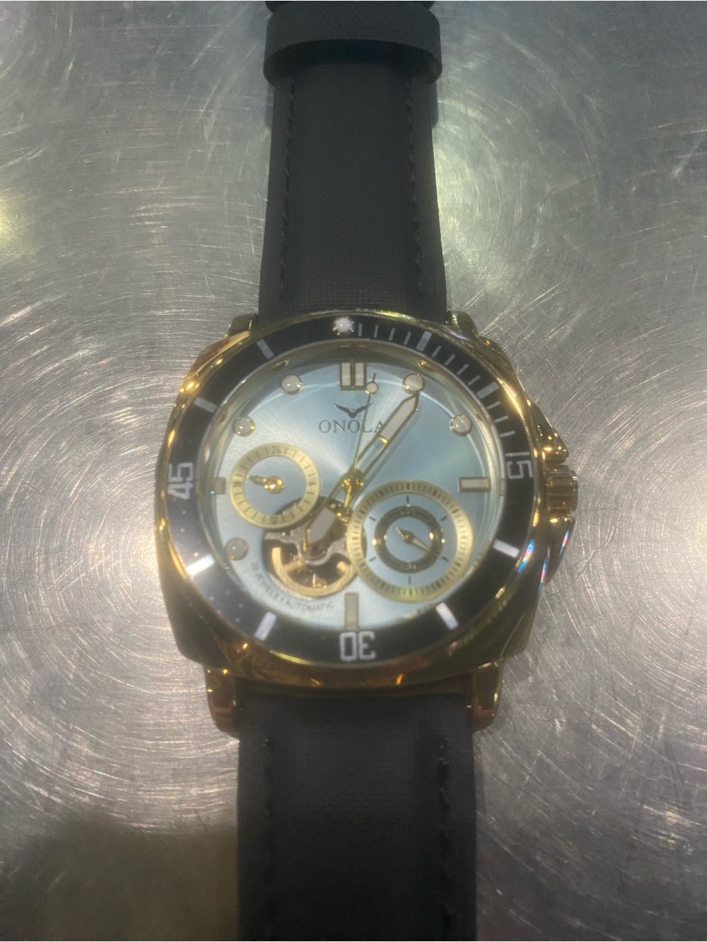 New Olona Men’s Gold-Tone Mechanical Watch with Black Strap